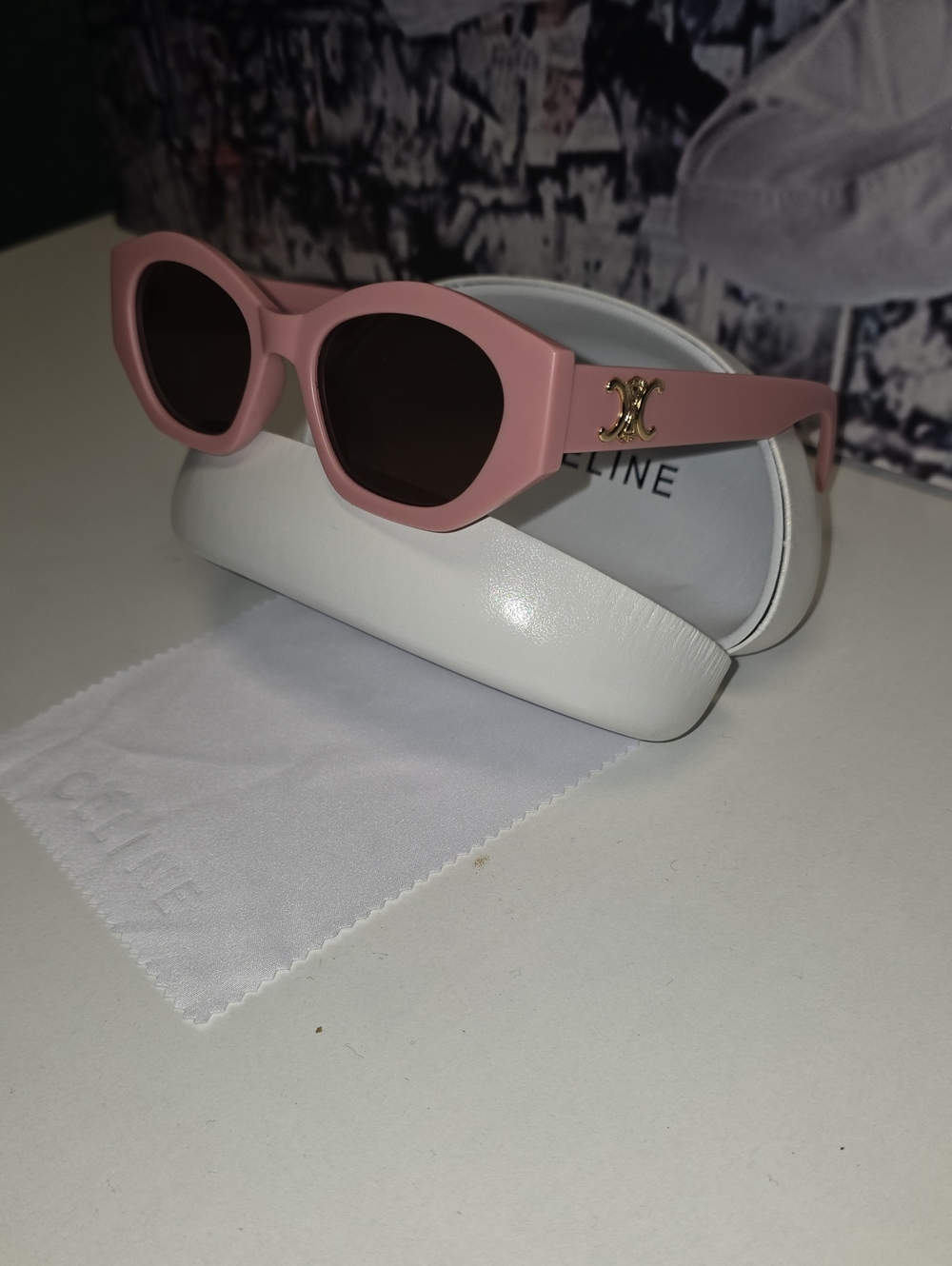 Celine Pink Oval Sunglasses with Gold Logo Accents